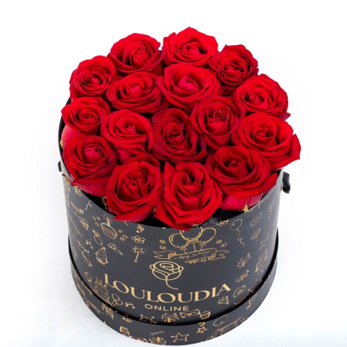 Κουτί με 15 Κόκκινα Τριαντάφυλλα Happy Birthday